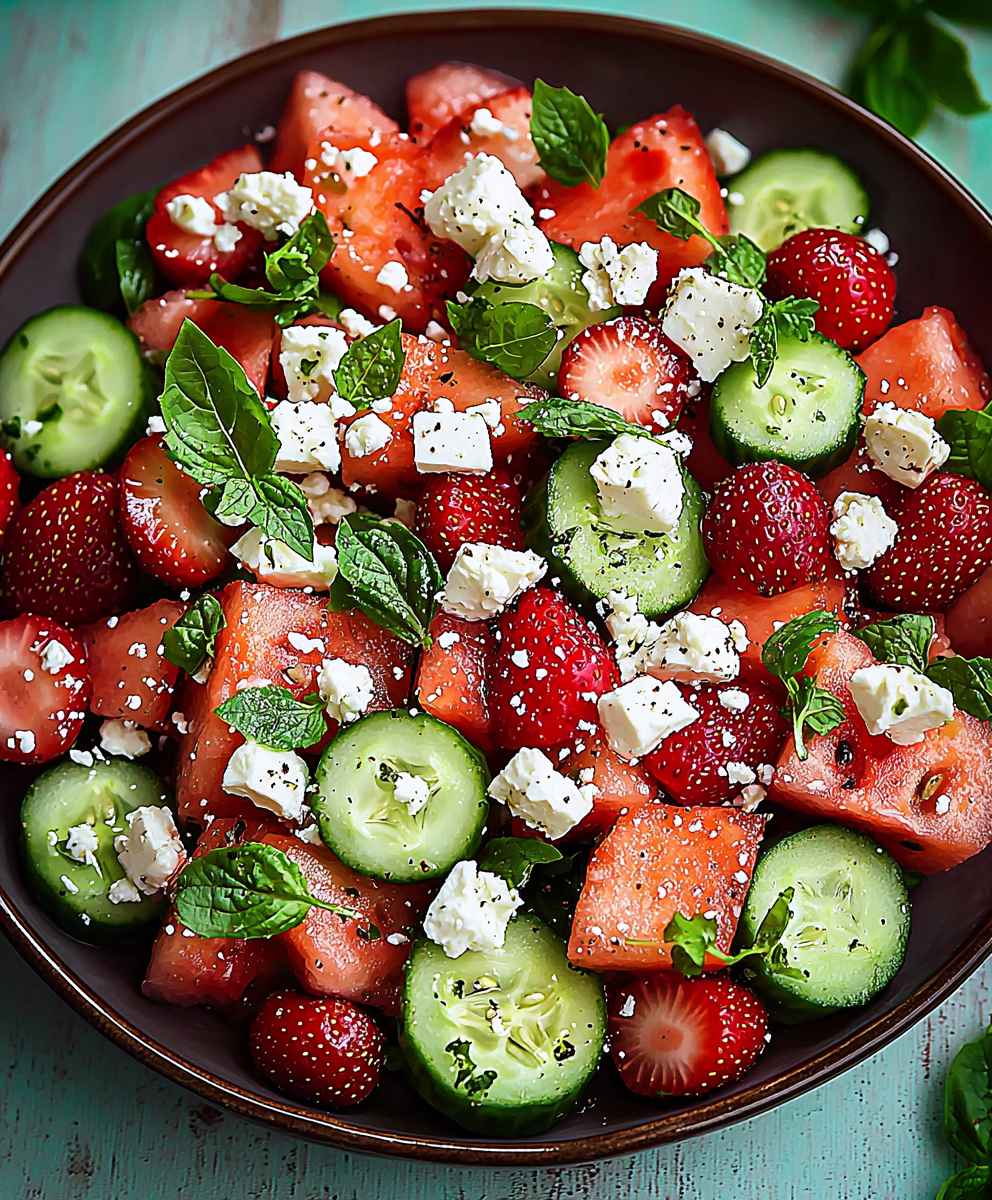 Watermelon cucumber strawberry feta salad