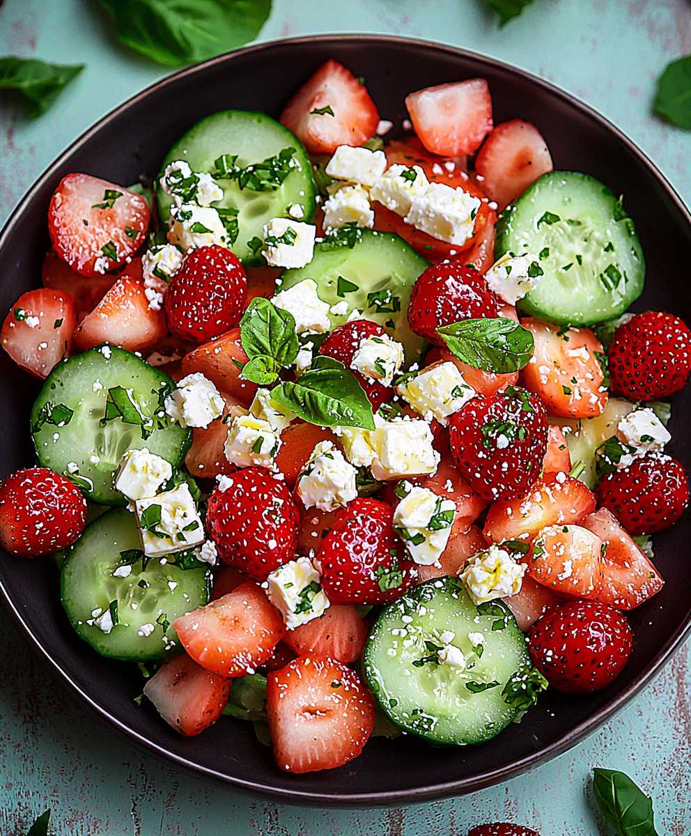 Watermelon cucumber strawberry feta salad