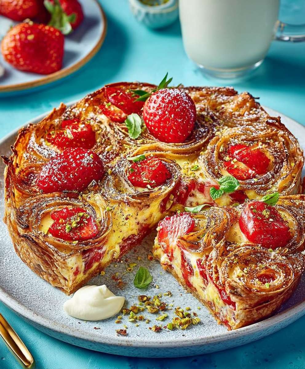 Strawberry pistachio ruffle pie