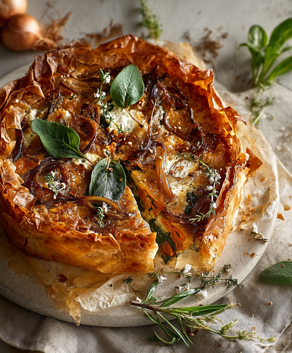 Sweet potato spinach phyllo pie