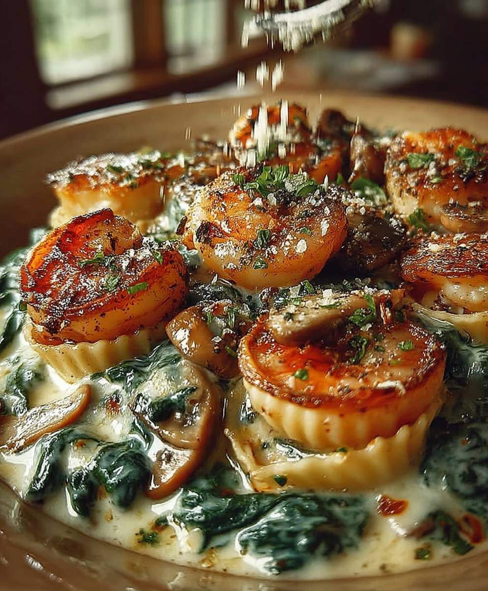 Spinach Mushroom Shrimp Shells